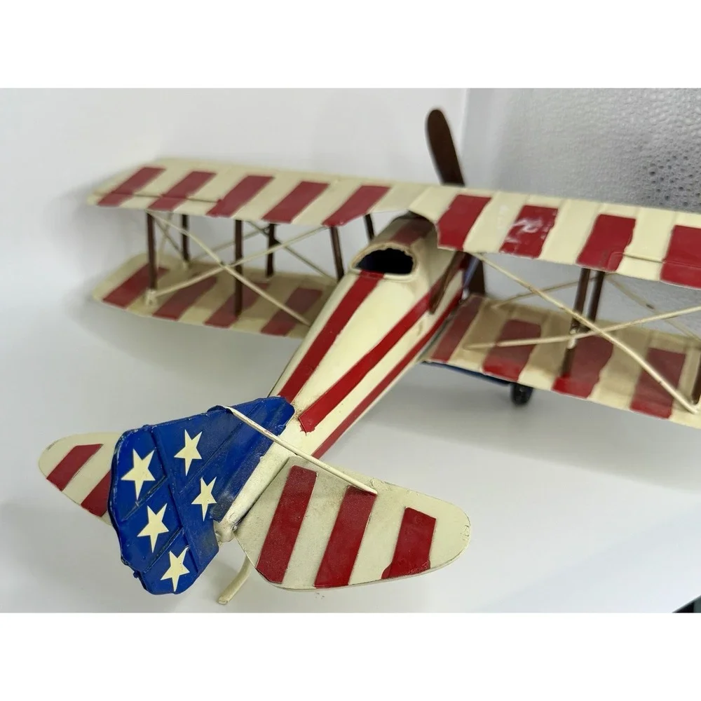 Vintage Airplane Biplane 1920s Blue Red Collectible Metal Tin - Model for Decor